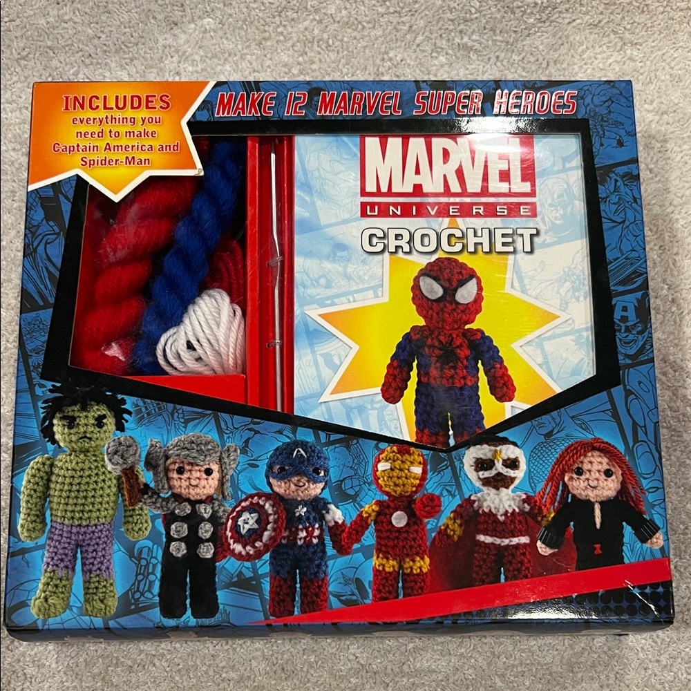 Marvel Universe Crochet Kit with Red, Blue, and White Yarn